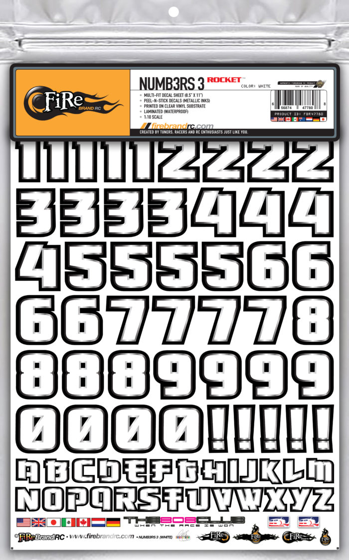 NUMB3RS 3 ROCKET DECALS (White w/Silver & Black)